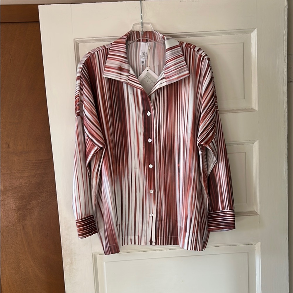 Red and White Button Down Shirt with Vintage-Inspired Stripes